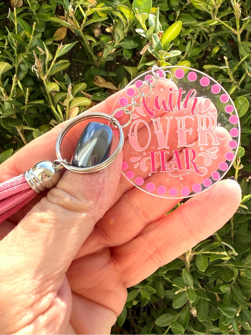 Faith Over Fear Acrylic Keychain | Handmade Christian Gift | Pink Tassel